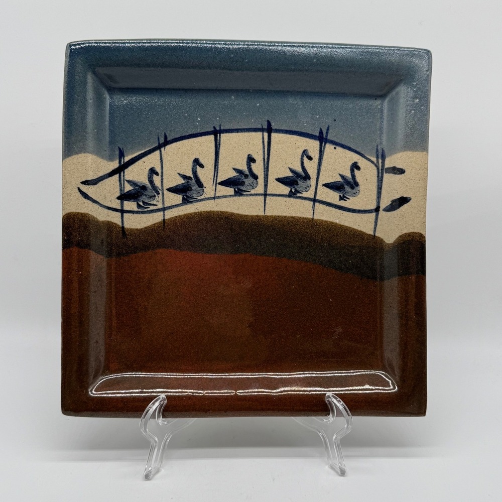 Vintage Susan Davy Signed Studio Art Pottery Square 10" Swan Landscape Plate
